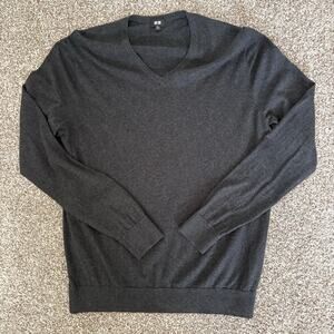 Uniqlo Merino Cashmere Blend V Neck Sweater Charcoal Gray Pullover XL Academia
